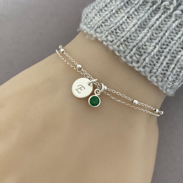 Personalized Sterling Silver Birthstone and Initial Bracelet - Adjustable Bracelet, Personalized jewelry