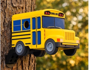 School Bus Birdhouse, 3D Printed Outdoor Bird House, Backyard Garden Decor