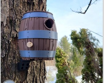 Whiskey Barrel Birdhouse, Rustic Hanging Garden Decor