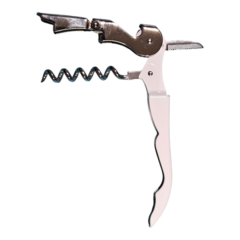 May include: A white and silver corkscrew with a lever and a worm. The corkscrew has a white handle with a decorative design.