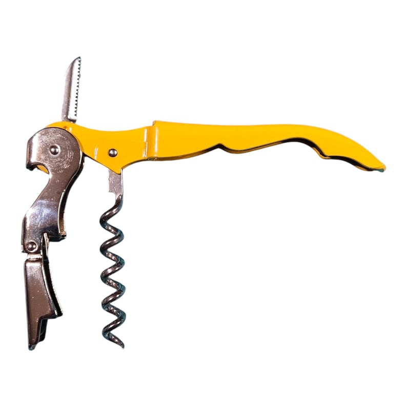 May include: A yellow and silver corkscrew with a lever and a worm. The corkscrew is designed to open wine bottles.