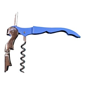 May include: A blue and silver corkscrew with a lever and a worm. The corkscrew is designed to open wine bottles.
