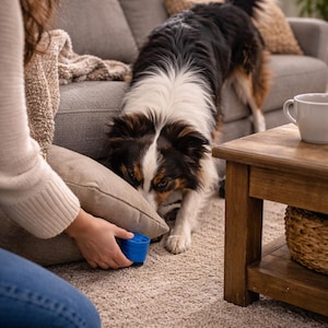May include: A tri-color dog with black, white, and brown fur sniffs a blue dog toy held by a person. The dog is in a living room with a gray sofa, a wooden side table, and a beige carpet.