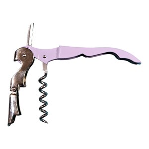 May include: A silver and purple wine opener with a corkscrew and a bottle opener.