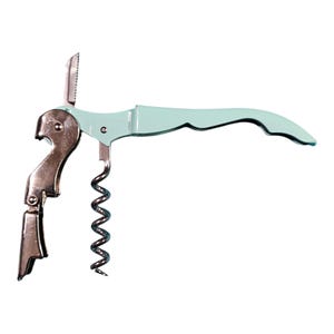May include: A light blue and silver wine opener with a corkscrew and a bottle opener.