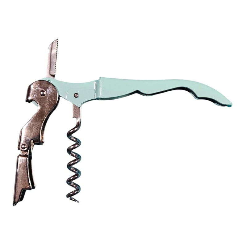 May include: A light blue and silver wine opener with a corkscrew and a bottle opener.