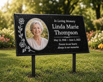 Personalized Granite Memorial Plaque with Ceramic Photo, Cemetery Grave Marker