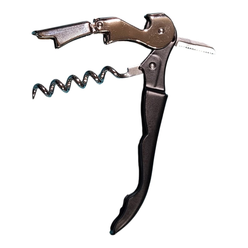 May include: A black and silver wine opener with a corkscrew, bottle opener, and foil cutter.