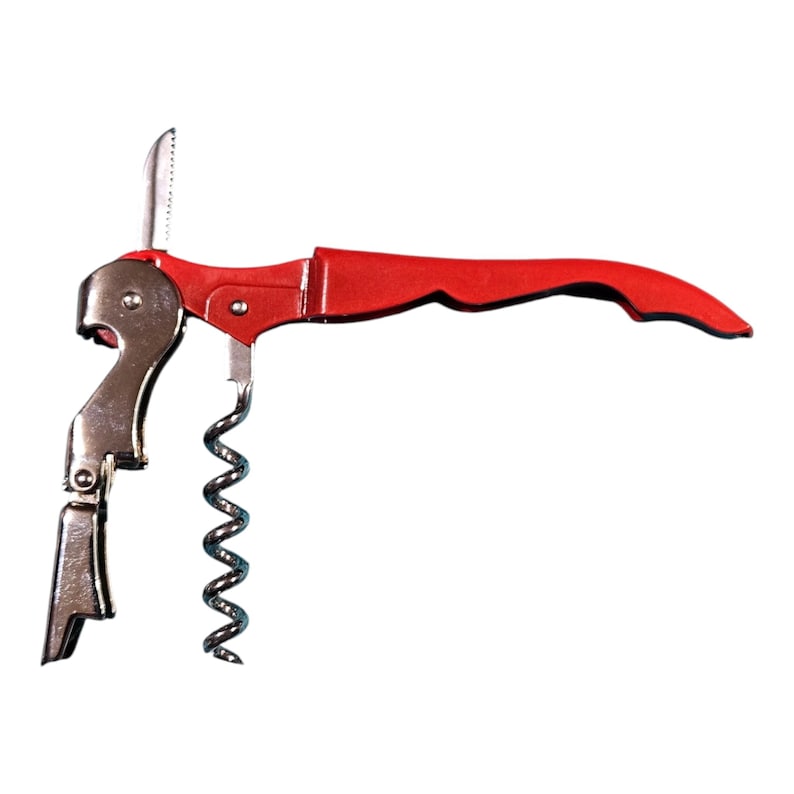 May include: A red and silver wine opener with a corkscrew and a lever. The opener has a red handle and a silver metal body.