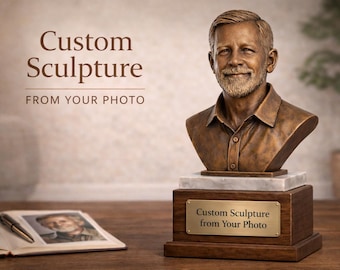 Custom Photo Bust Sculpture, Antique Bronze Finish, Walnut & Marble Base