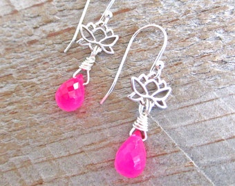 Bright Pink Lotus Flower Earrings, Peace, Beauty, Sterling Silver, Chalcedony, Pink Gemstones, Boho Flower, Gift for Her, Healing Gemstones