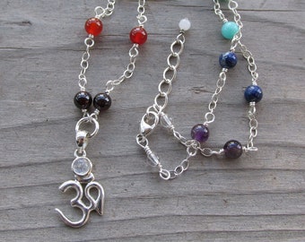 Chakra Necklace for Women, Chakra Healing, Om Pendant, Chakra Gemstones, Yoga, Handmade Gemstone Necklace, Sterling Silver, Meditation, Aum