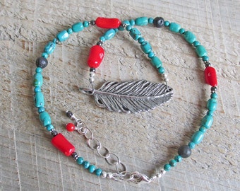 Silver Feather Blue Turquoise Red Coral Healing Gemstone Necklace, Hematite, Lava Beads, Four Elements, Gift for Her, Tribal, Boho Necklace