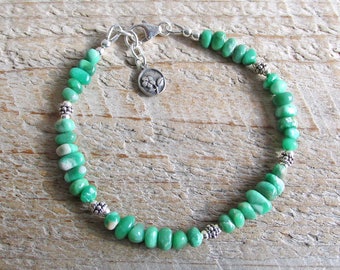 Bright Green Variscite Healing Gemstone Bracelet, Hope, Courage, Gift for Her, Sterling Silver Flower Charm, Boho Bracelet, Green Gemstone