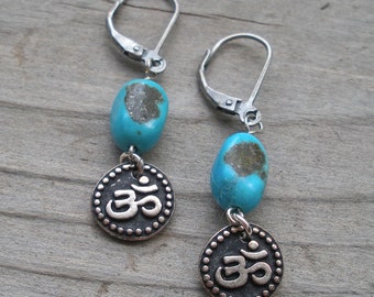 Turquoise Silver Om Healing Gemstone Earrings, Sterling Silver Lever Back Earrings, Spiritual Gift for Her, Boho Earrings, Aum, Meditation