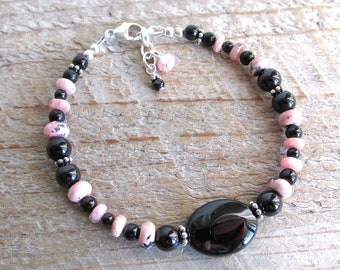 Black Onyx Tourmaline Pink Rhodonite Rhodochrosite Healing Gemstone Bracelet, Love, Strength, Grounding, Boho, Gift for Her, Gift Under 100