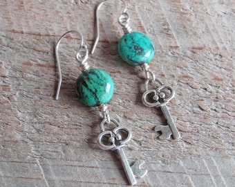 Chrysocolla Silver Key Earrings, Inner Power, Creativity, Healing Gemstone Earrings, Blue Green Gemstones, Handmade Gift for Her, Boho