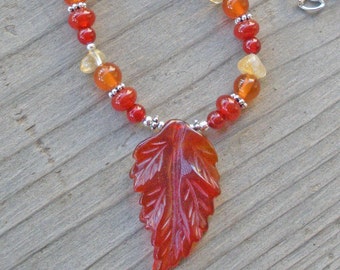 Dark Orange Carnelian Leaf Citrine Gemstone Necklace, Creativity, Courage, Personal Power, Chakra Gemstones, Healing Statement Necklace