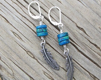 Blue Green Chrysocolla Earrings, Silver Feather Earrings, Inner Power, Creativity, Silver Boho Earrings, Healing Gemstone Earrings, Tribal