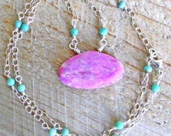 Pink Purple Sugilite Necklace, Green Opal, Spiritual, Self Expression, Gemstone Healing Necklace, Sterling Silver, Handmade Gift for Her