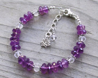 Purple Amethyst Healing Gemstone Bracelet, Amethyst Crystals, Clear Quartz, Sterling Silver Lotus Charm, February Birthstone Bracelet, Yoga
