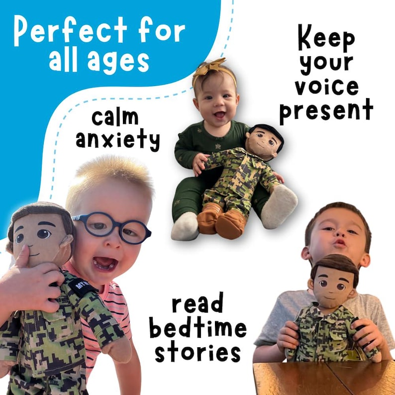 Kids Military, Kids Military Gift, Deployment Doll, Daddy Doll, Recordable Doll, Deployment Doll, Military Doll, Military Theme kid, Mommy Doll, Connection Gift Military, Navy Doll, Air Force Doll, Marine Doll, Coastie Doll, Army kids doll, Sailor, talking doll, talking plush, speaking doll, speaking plush, personalized doll, customizable doll, comfort doll, month of the military child gift, month of the military child, Navy Doll, Marine Doll, Air Force Doll, Navy Doll, Army Doll, Sailor Doll