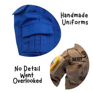 K&ouml;nnte beinhalten: Ein blaues Uniformhemd mit einer Cargotasche und ein Tarnfarben-Uniformhemd mit einem Aufn&auml;her der amerikanischen Flagge und dem gestickten Text DADDY. Das Bild enth&auml;lt den Text Handmade Uniforms und No Detail Went Overlooked.