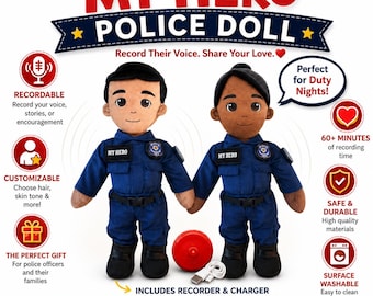 Individuell gestaltbare, aufnehmbare Polizeipuppe, personalisiertes Plüschtier der Strafverfolgungsbehörden, Geschenk für Polizisten für Kinder