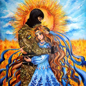 Sunrise: Oil painting on canvas, Ukrainian theme, military motifs, beautiful couple, sun, national color, Ukraine,couple, love, painting