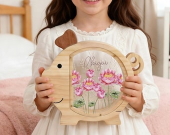 Personalized Birth Flower Piggy Bank for Baby Girl,Money Box for Kids,Baby Shower Gift,Wood Piggy Bank,Nursery Decor,Unique Gift for Kids