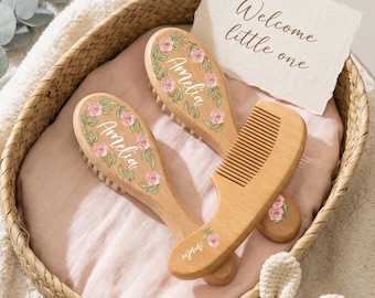 Personalized Wooden Baby Hair Brush Set, Custom Engraved Brush & Comb, Baby Shower Gift, New Mom Gift, Newborn Keepsake, Christening Gift