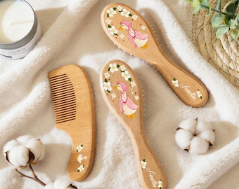 名入れ可能な木製ベビーヘアブラシセット、新生児向けカスタム刻印記念品、ベビーヘアブラシとコーム、女の子と男の子へのベビーシャワー誕生日プレゼント