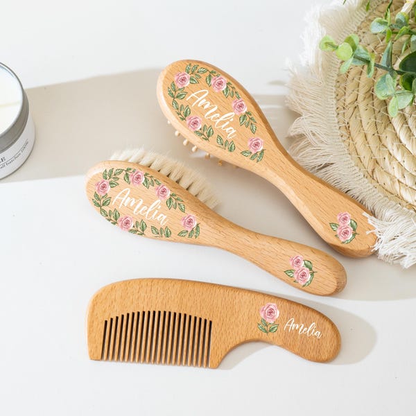 Personalized Wooden Baby Hairbrush Set, Keepsake for Girl or Boy, Custom Baby Birthday Gift, Wooden Hair Brush and Comb for Newborn Gifts