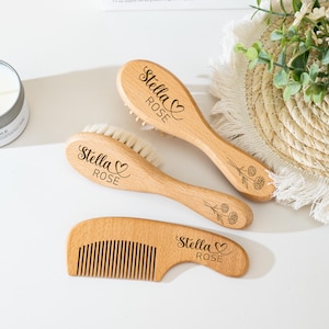 Personalized Baby Hair Brush Set - Engraved Name - Newborn First Brush Gift for Baby Shower - Eco Wooden Keepsake - Baby Shower Gift
