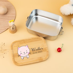 Personalisierte Lunchbox für Kinder, Back To School Geschenk, Kinder Snackbox mit Namen, Edelstahl Lunchbox für Kind, Snackbox mit Holzdeckel