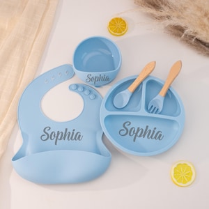 Silicone Weaning Set with Name, Custom Silicone Baby Weaning Tools, Adorable Bib & Plate Set, Ideal Feeding Set for Toddlers, Baby Shower
