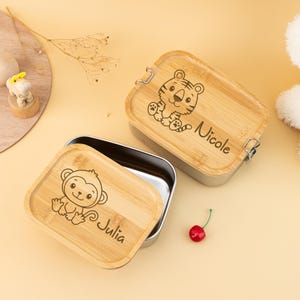 Personalisierte Lunchbox für Kinder, Back To School Geschenk, Kinder Snackbox mit Namen, Edelstahl Lunchbox für Kind, Snackbox mit Holzdeckel