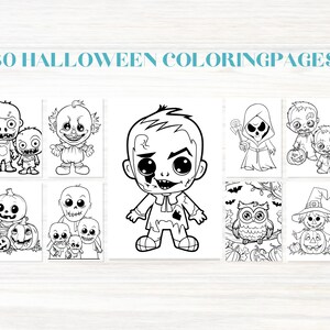 Op de afbeelding: Een set van 30 zwart-wit Halloween kleurplaten met verschillende griezelige personages, waaronder een zombie, een clown, een geest, een uil en een vogelverschrikker. De pagina's zijn perfect voor kinderen van alle leeftijden om in te kleuren en te genieten van het Halloween-seizoen.