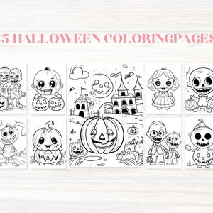 Op de afbeelding: Een verzameling van 25 Halloween kleurplaten. De pagina's bevatten verschillende griezelige en schattige illustraties, waaronder pompoenen, zombies, een spookhuis en schattige personages in kostuums. De tekst "25 Halloween Coloring Pages" staat bovenaan.