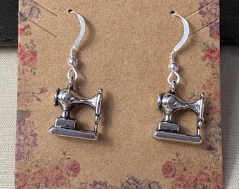Sewing Machine Charm Dangle Earrings: Silver Sewing Gift - Silver Quilter Gift