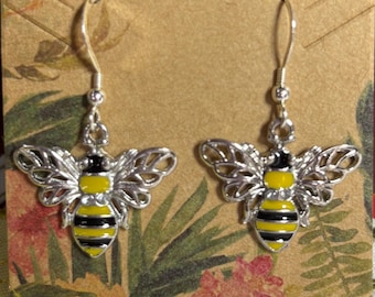 Bumble Bee Dangle Earrings: Silver Tone Honey Bee Charm