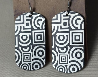 Geometric Print Dangle Earrings: Silver Tone Dog Tag Style
