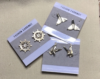 Vintage Sea Life Earrings - Gold Sea Gull Earrings - Gold Whale Tail Earrings - Gold Boat Wheel Earrings - Beach Jewelry gift