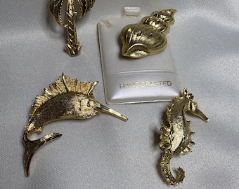 Vintage Sea Life Pin Brooch- Gold Palm Tree Lapel Pin - Gold Conch Shell Pin Brooch - Sea Horse Pin - Sail Fish Pin - Convert to Necklace