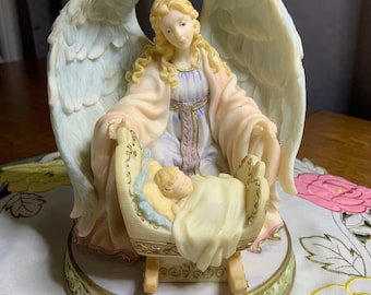 Vintage Roman Inc Angel with child in crib - 1999 Angel with child numbered #46286 - Guardian Angel Watching over Sleeping Baby