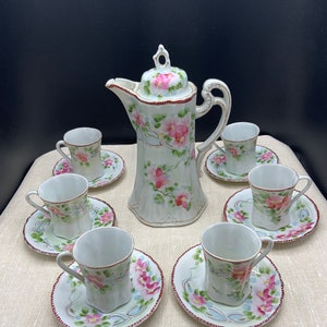 Vintage Chocolate Pot, 6 Cups and Saucers - Japan Tall Coffee Pot Cups Saucers - Hand Painted Cherry Blossom Tea Chocolate Demitasse set