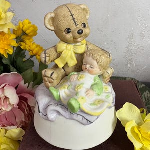 Vintage Revolving Teddy Bear and Baby Music box - Lego Japan Teddy Bear Holding Baby Figurine - Talk To The Animals - ships in 2-4 days