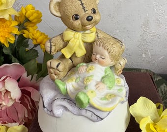 Vintage Revolving Teddy Bear and Baby Music box - Lego Japan Teddy Bear Holding Baby Figurine - Talk To The Animals