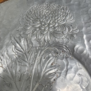 Vintage Continental Trade Mark Round Chrysanthemum Tray - Hammered Aluminum Serving Tray  - ships in 2-4 days after purchase