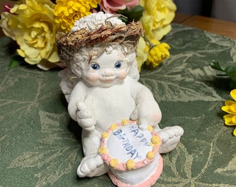 Vintage Dreamsicles Cherub Angel with Birthday Cake- 1994 Cast Art Cherub - Kristin Haynes Birthday cake cherub angel-